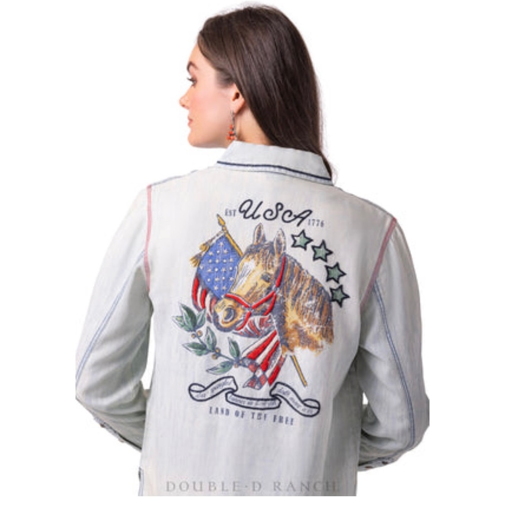 ISO Double D Ranch button down denim shirt.